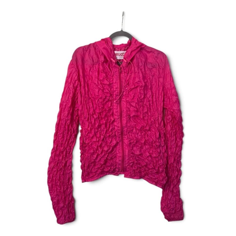 Fiorucci Hot Pink Textured Crinkle Hooded Zip Jacket Made in Italy Women's Small